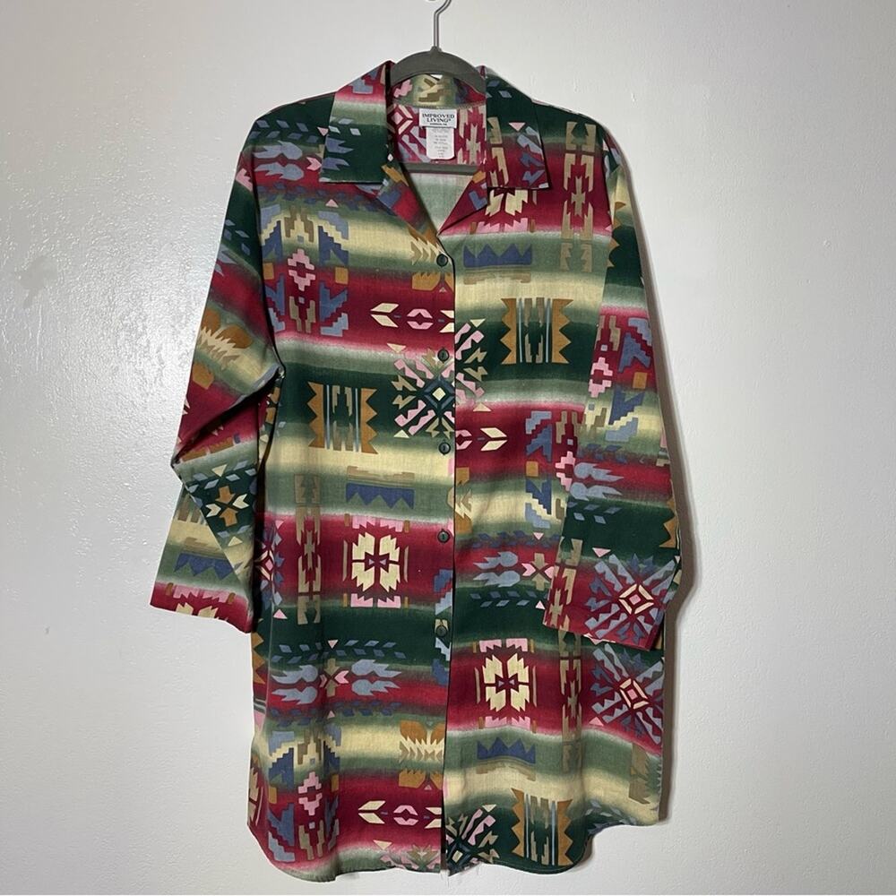 Improved Living, Aztec Long Length Button Down Shirt Dress. Size Large.